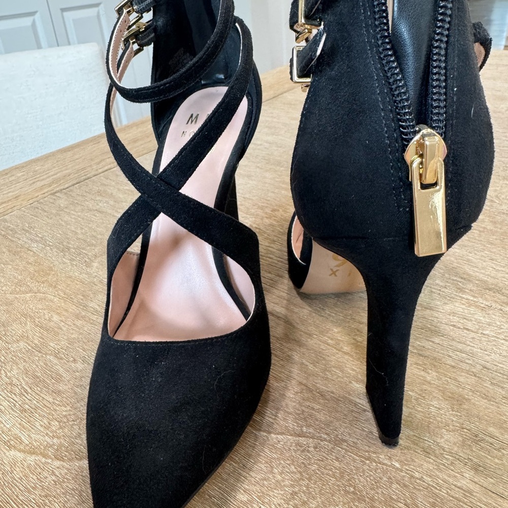 Black Suede Strappy Heels w/ Gold Zipper